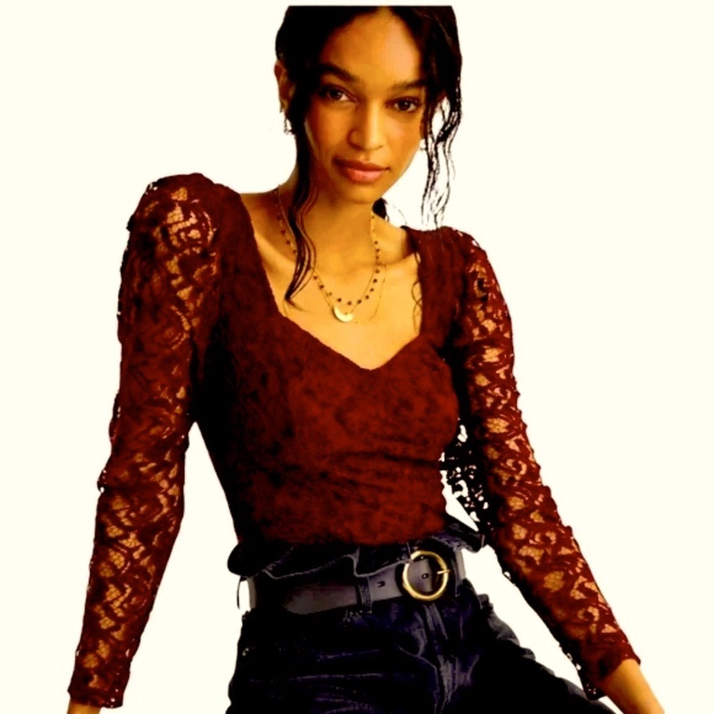 Anthropologie Lace Long-Sleeve Sweetheart Top in Deep Burgundy